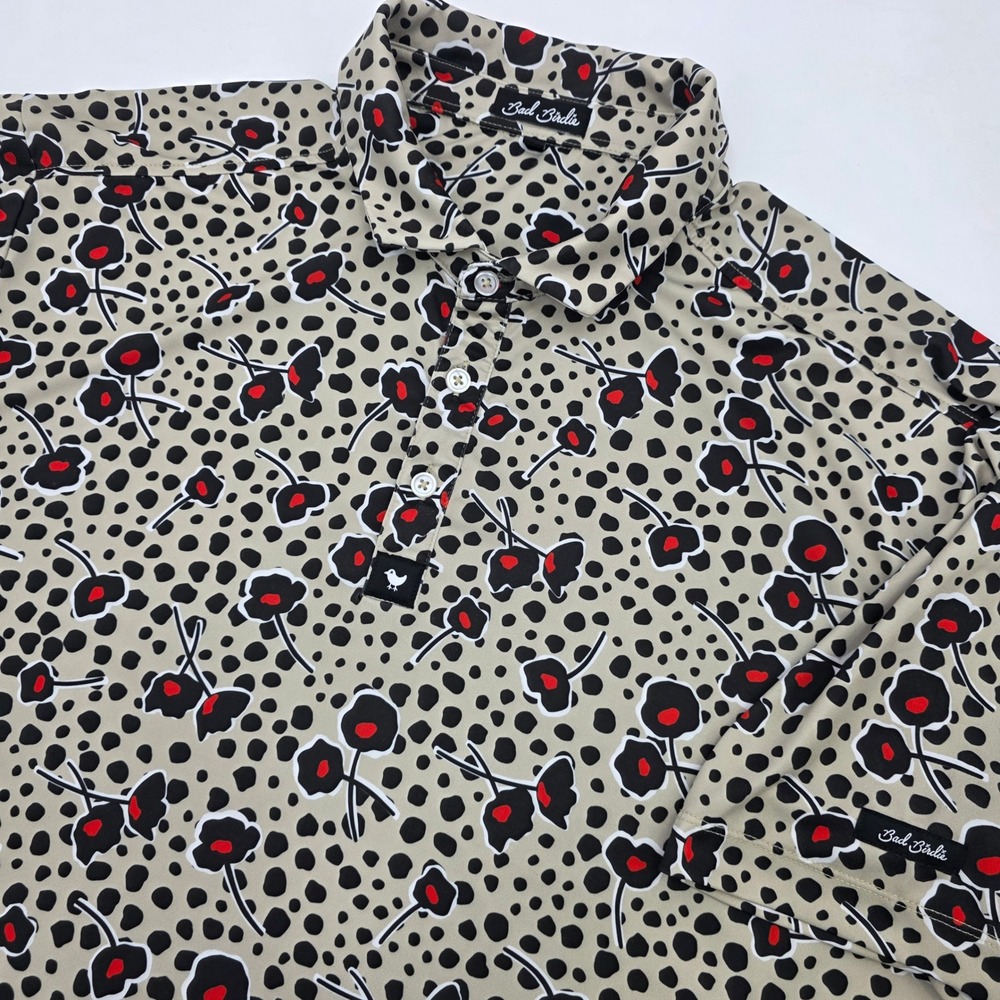 BAD BIRDIE GOLF POLO MENS 2XL XXL FLORAL POPPY TAN BLACK PERFORMANCE AOP EUC